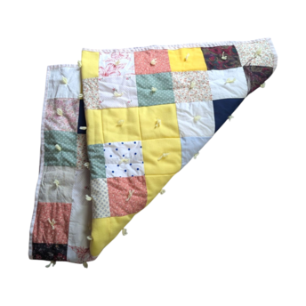 Vintage Handmade Patchwork Baby Blanket, Tied Crib Quilt 50x35, Yellow Floral Calico Toddler Bedding, Farmhouse Nursery Lap Throw