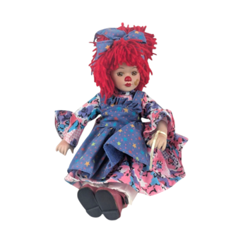 Vintage Porcelain Clown Doll, 9" Sitting Jester with Red Yarn Hair, Collectible Shelf Sitter Doll in Floral Star Dress