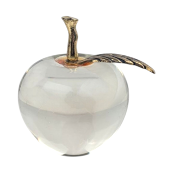 Vintage Clear Glass Apple Paperweight with Brass Stem, Crystal Art Glass Fruit, Teacher Appreciation Gift, Home Office Desk Decor