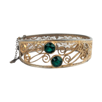 Vintage Gold Filigree Bangle Bracelet with Green Stones, Art Nouveau Style Ornate Cuff, Two Tone Hinged Bracelet, Edwardian Statement