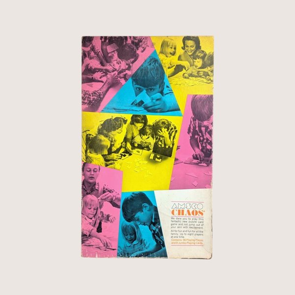 Vintage Amsco Chaos game box cover featuring a bold geometric pop art collage of families playing in pink yellow and blue.