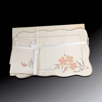 Vintage Bucilla Cross Stitch Placemat Set with Napkins, Unused Floral Embroidered Linens for Farmhouse Cottage Dining Table Decor