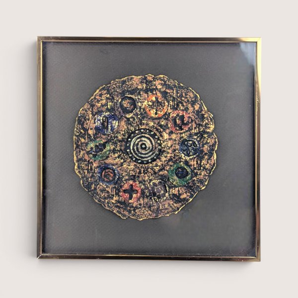 A framed 1997 mixed media painting by Barbara DeVault titled Decadisk featuring a textured circular paper medallion.