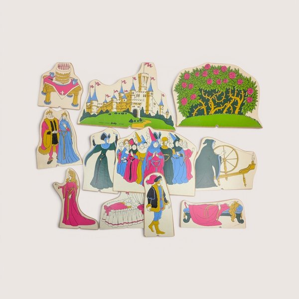 Vintage Judy Company wooden Sleeping Beauty story set with 11 illustrated character and scene pieces.