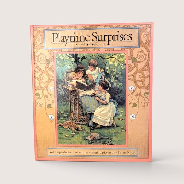 A vintage hardcover interactive children's book cover featuring an illustration of Victorian children reading outdoors.