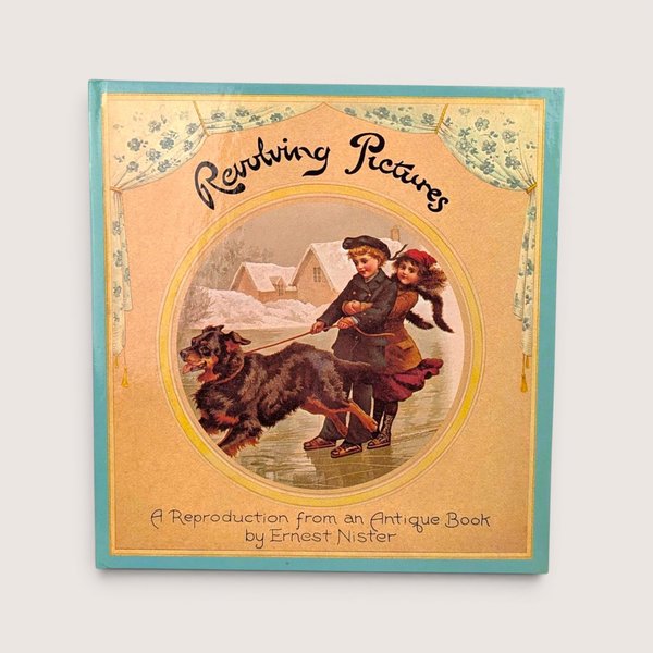 A vintage hardcover interactive book cover featuring an illustration of two Victorian children and a dog in winter.