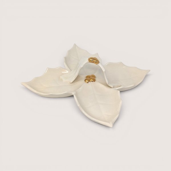 Vintage mid century white ceramic four part holly leaf relish dish with a central handle accented with gold gilded berries.