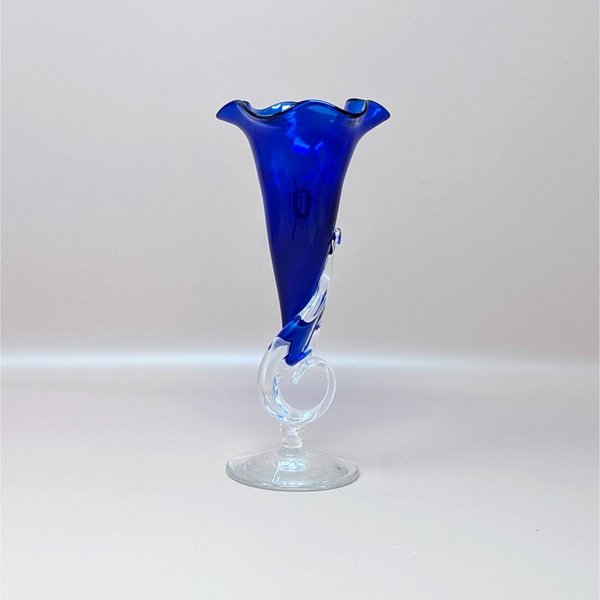 1989 Dan Dechard Signed Studio Art Glass Cobalt Blue Trumpet Vase