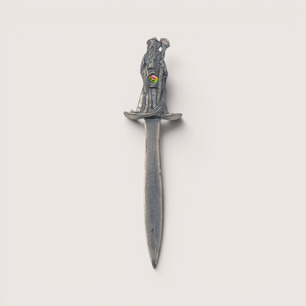 A vintage pewter letter opener featuring a sculpted wizard handle set with two iridescent crystal rhinestones on a plain background