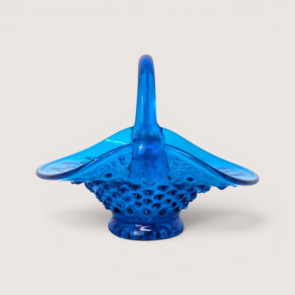 1960s Fenton Colonial Blue Hobnail Glass Basket with Applied Handle