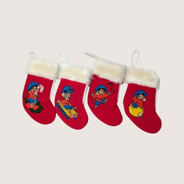 Four red mini Christmas stockings featuring Fievel Mousekewitz graphics and white faux fur trim on a solid background.