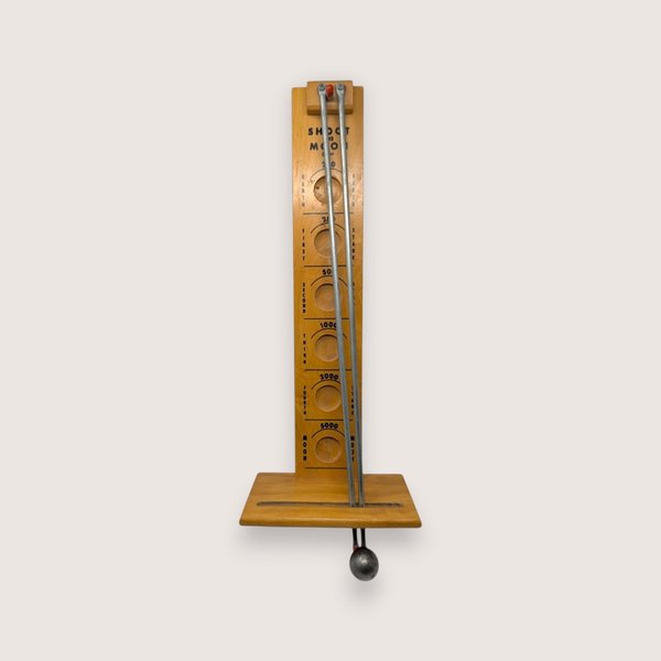 Vintage Drueke wooden Shoot the Moon dexterity game with vertical numbered track, metal rails, and metal ball.