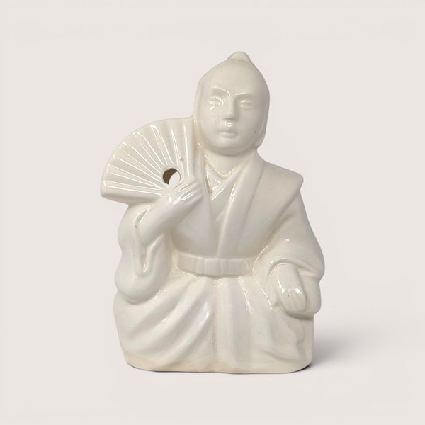 Vintage white ceramic Orchids of Hawaii R-21 samurai incense burner holding a fan.