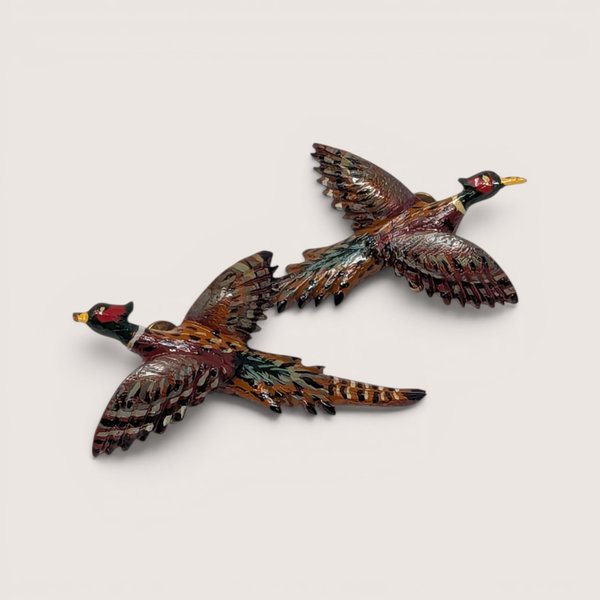 Pair of vintage 1950s hand-painted carved wooden ringneck pheasant bird screw-back earrings.