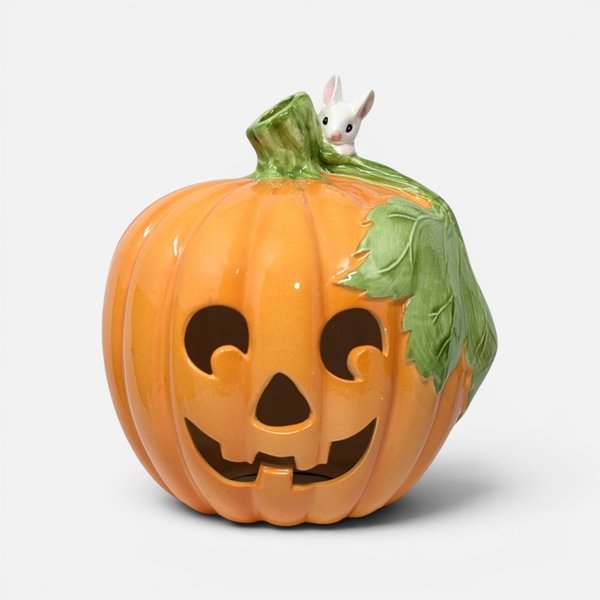 Vintage 1980s ROC glazed ceramic pumpkin jack-o-lantern luminary with a white mouse peeking behind the stem.