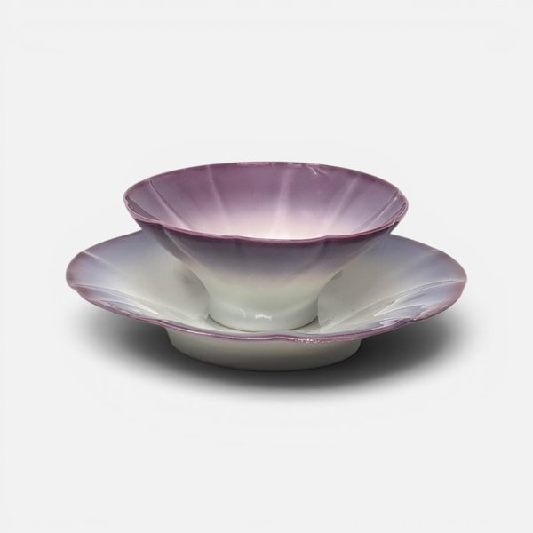 Antique Asian porcelain fluted condiment dish with attached saucer in lavender purple ombre glaze