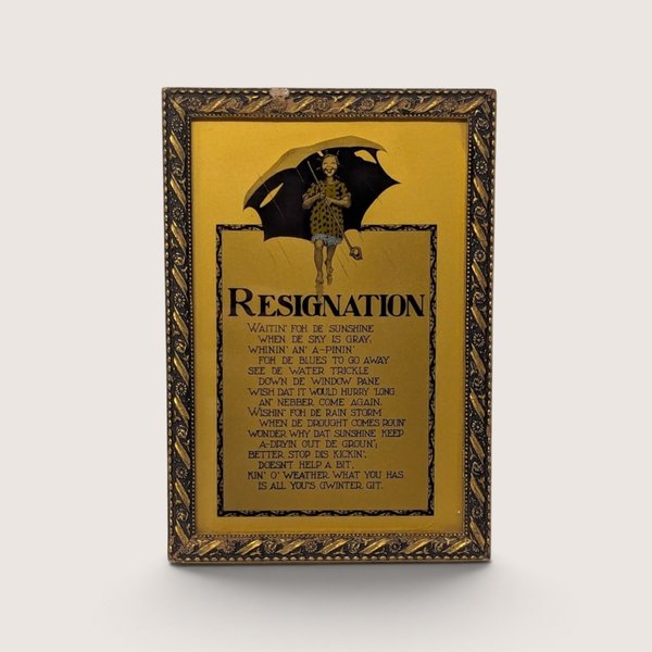Vintage 1960s framed folk art print of the Resignation poem featuring a figure with an umbrella on a gold background inside an ornate frame.