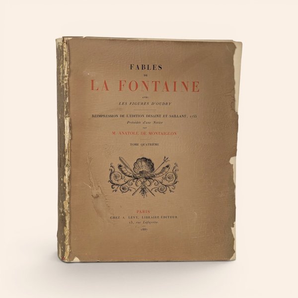 Antique 1887 Fables de La Fontaine Tome Quatrieme book by A. Levy with missing covers and paper wrapper.
