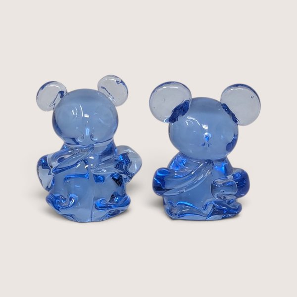 Pair of vintage blue art glass mouse figurines.