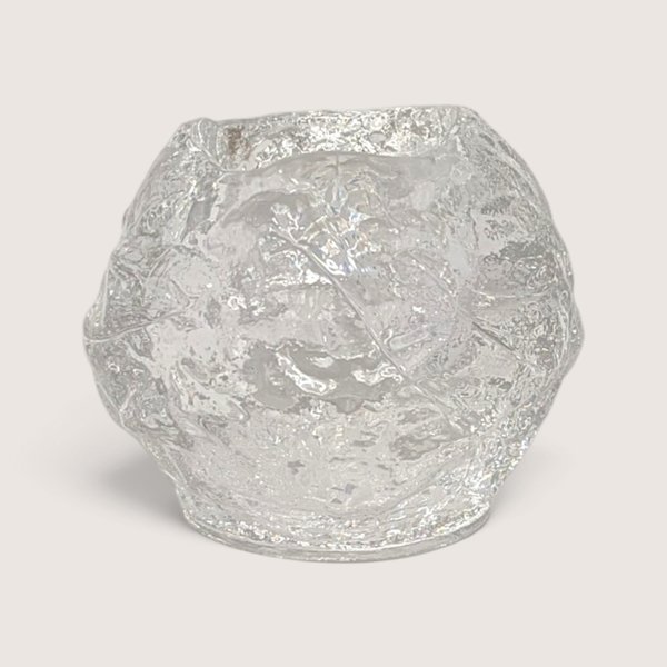 Vintage Kosta Boda Snowball textured art glass votive candle holder next to its original box.