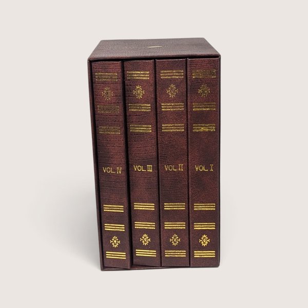 Vintage faux leather bound photo book case set with four volumes styled like antique books in a slipcase box.