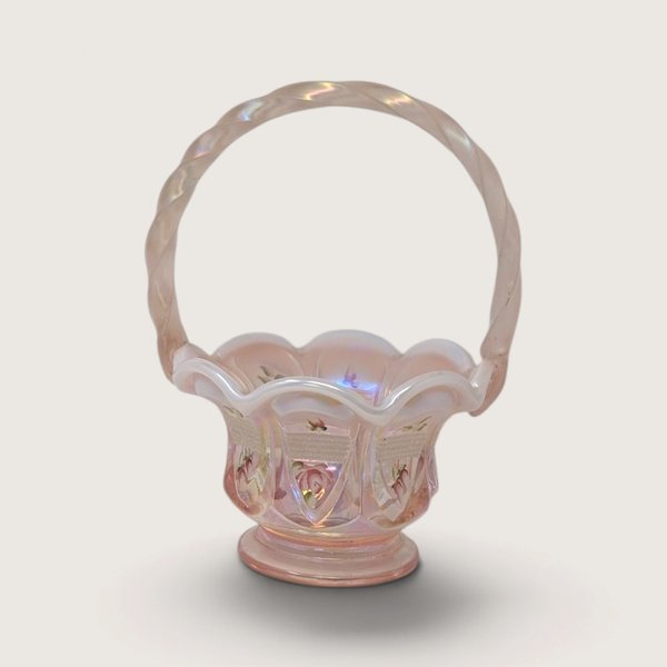 Vintage Fenton Handpainted Pink Floral Glass Basket Signed