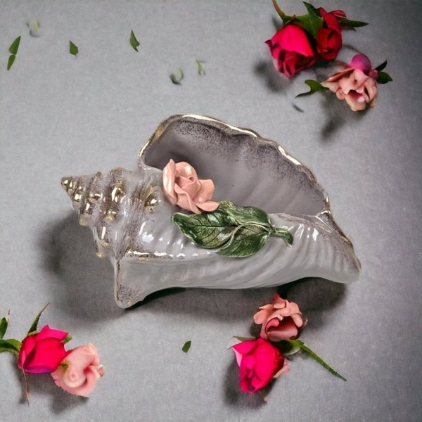 Vintage Purple Conch Planter | Pink Rose Accent | Ceramic Seashell Decoration | Coastal Decor | Beach House | Succulent Planter