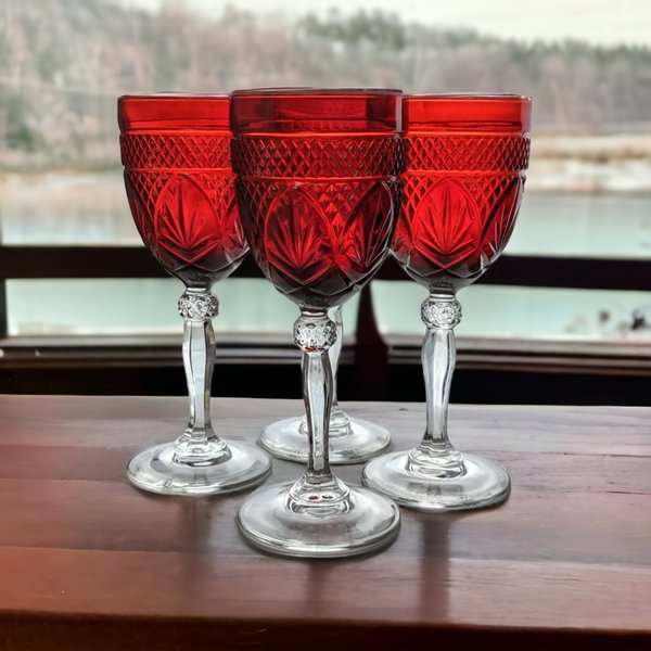 Vintage Ruby Red Water Goblets | Set of 4 | 8" Tall | Elegant Tableware | Cristal D'Arques Durand |  French Glass