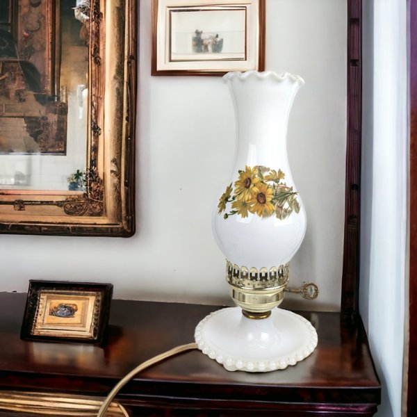Vintage Milk Glass Hurricane Lamp with Yellow Flowers, 13", Cottagecore Decor