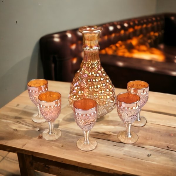 Imperial Glass Decanter and 5 Cups - Rich Fire & Iridescent Beauty