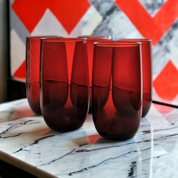 Set of 5 Ruby Red Anchor Hocking Tumblers - Vibrant Glassware Collection
