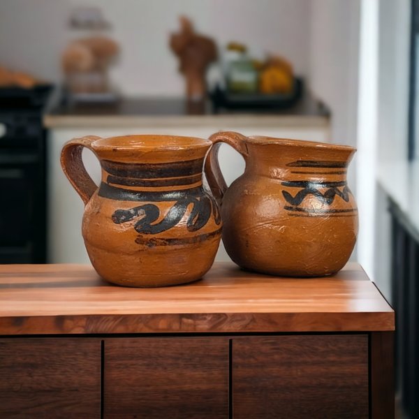 Pair of Vintage Mexican Pottery Mugs with Hand-Painted Designs, Perfect for Home Decor or Gifts