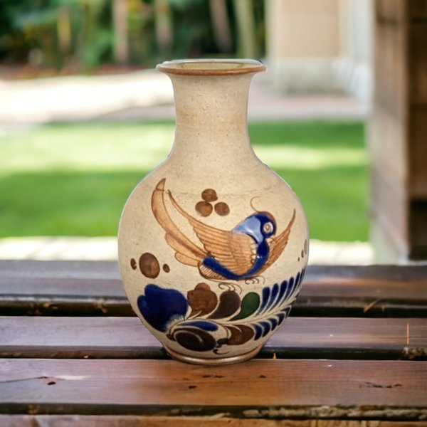Vintage Tonala Pottery Vase with Hand-Painted Bird | Mexican Folk Art | Rustic Home Decor