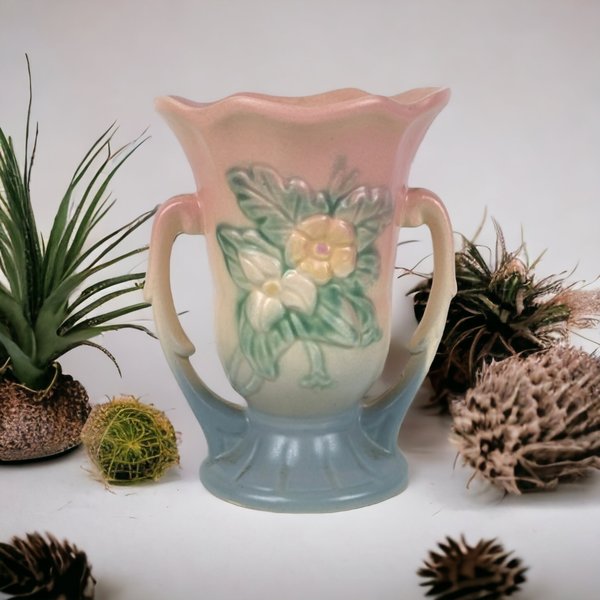 Vintage Hull Pottery Wildflower Blue and Pink 5 1/2" Double Handled Vase - Classic Floral Elegance