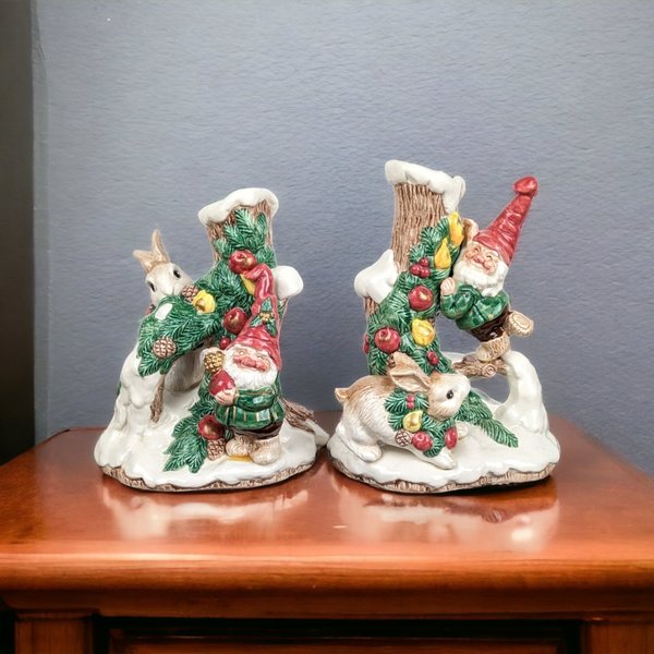 Set of 2 1991 Fitz and Floyd Woodland Santa Candlesticks: Festive Holiday Decor