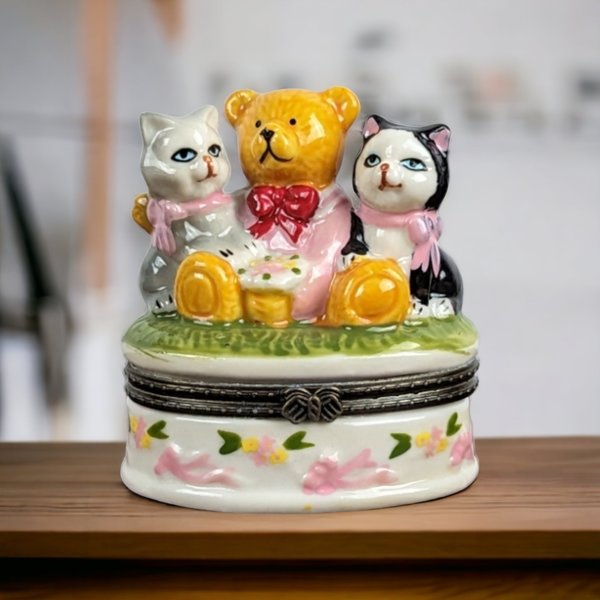 Vintage Ceramic Trinket Box with Bear and Cats: Whimsical Collectible