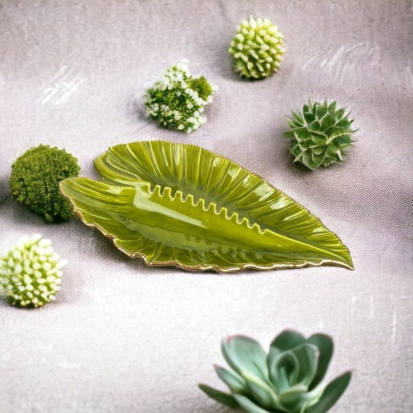 California Pottery Large Green Leaf Ashtray: Vintage Chic Home Decor