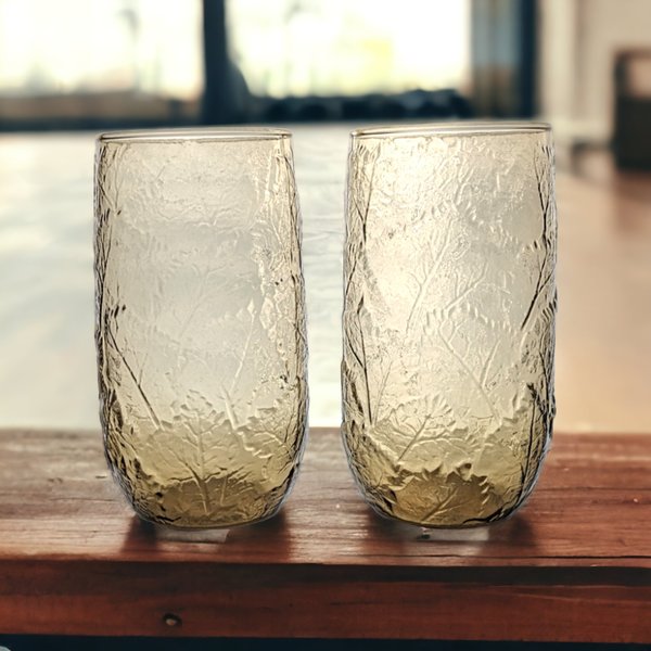 Set of 2 Vintage Anchor Hocking Amber Leaf Pattern Glass Tumblers | 7" Tall | Excellent Condition | Perfect for Iced Tea, Cocktails & More