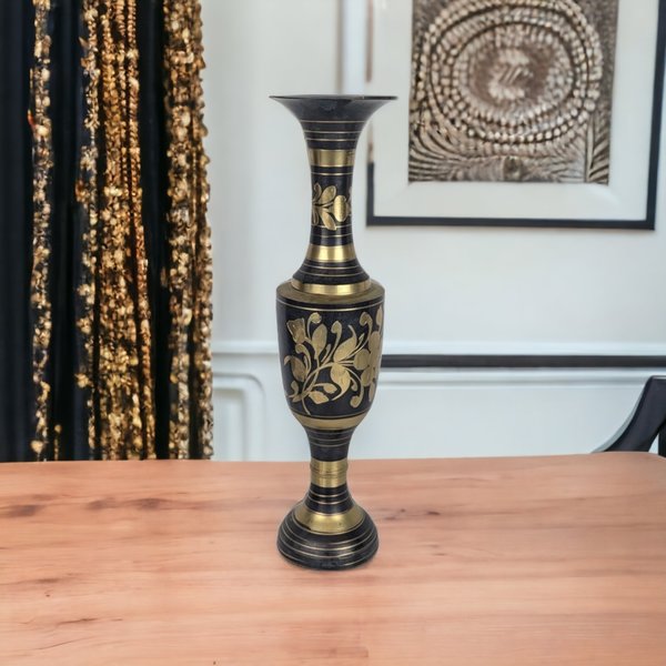 Exquisite Elegance: Vintage Brass and Black Vase from India
