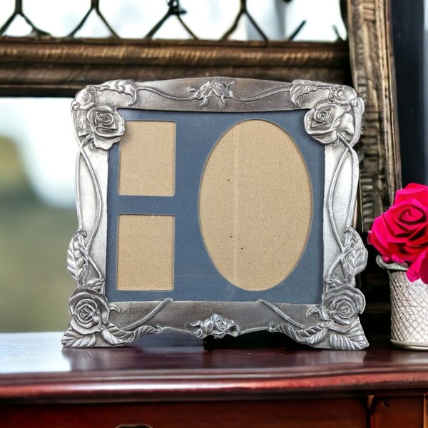 Vintage Pewter Collage Photo Frame with Elegant Rose Design