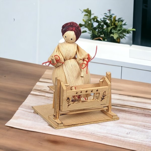 Handmade Corn Husk Woman with Baby Figurine