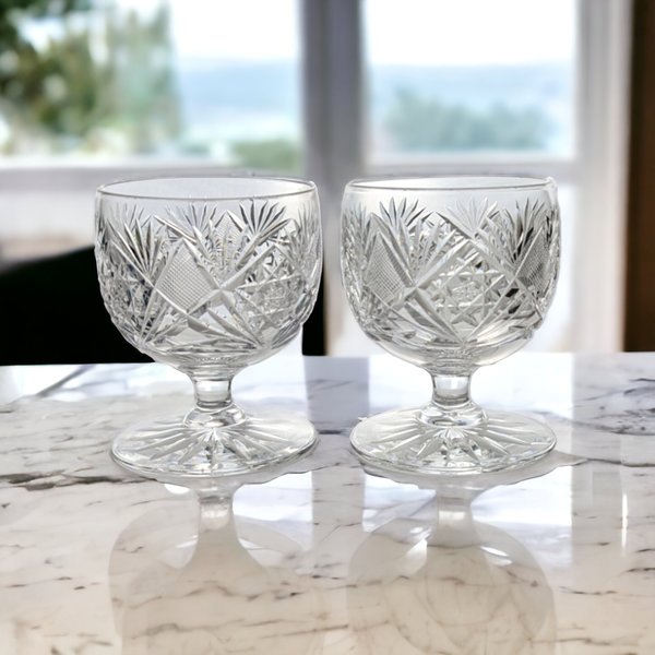 Exquisite Pair of Vintage Cut Crystal Cognac Glasses