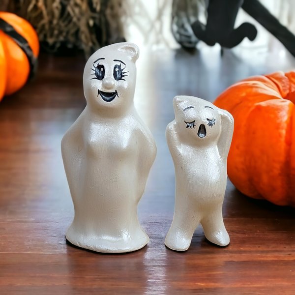 Vintage Halloween Mom and Child Ceramic Ghost Figurine Set