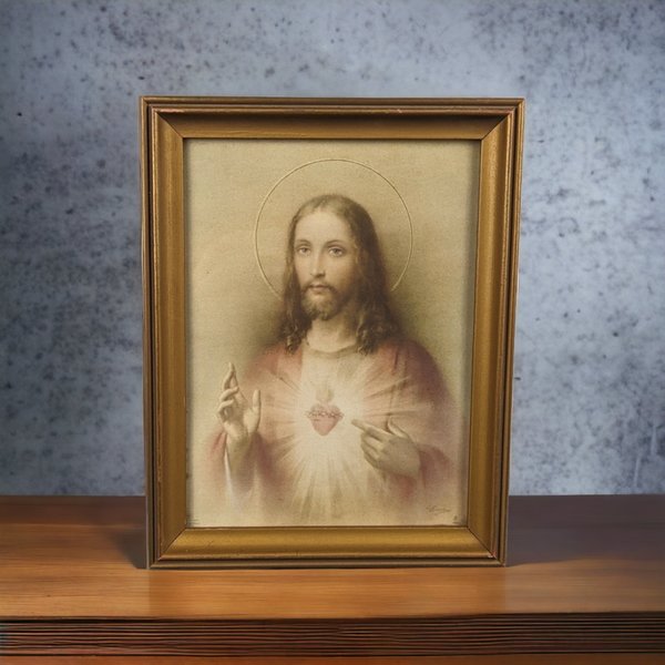 Vintage Framed 9x7" Sacred Heart of Jesus Print: Religious Art Collectible