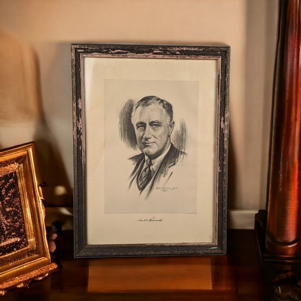 1933 Framed Charcoal Sketch of Franklin Roosevelt: Historical Artwork