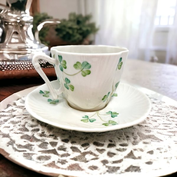 Elegant Belleek Shamrock Harp Demitasse Cup & Saucer Set