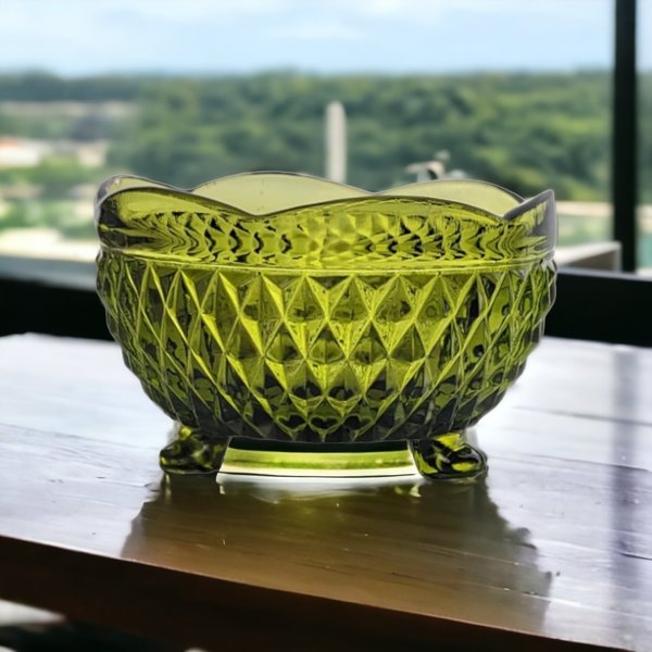 Elegant Indiana Glass Diamond Point Green Footed Bon Bon Dish