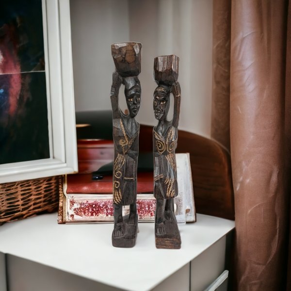 Pair of Vintage Hand-Carved African Wooden Sculptures: Exquisite Artistry and Cultural Beauty