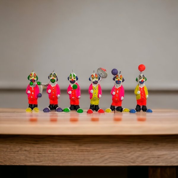 Set of 6 Small Vintage Paper Mache Folk Art Clown Figurines - Whimsical Collectibles