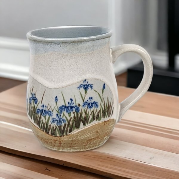 Vintage Stoneware Mug | Blue Flowers | Gray & Brown | 4" Tall | Coffee Tea Cup | Excellent Condition